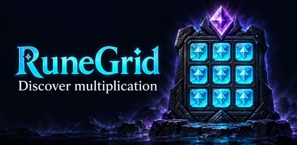 RuneGrid: Discover multiplication. A glowing cyan rune tablet with an amethyst diamond.