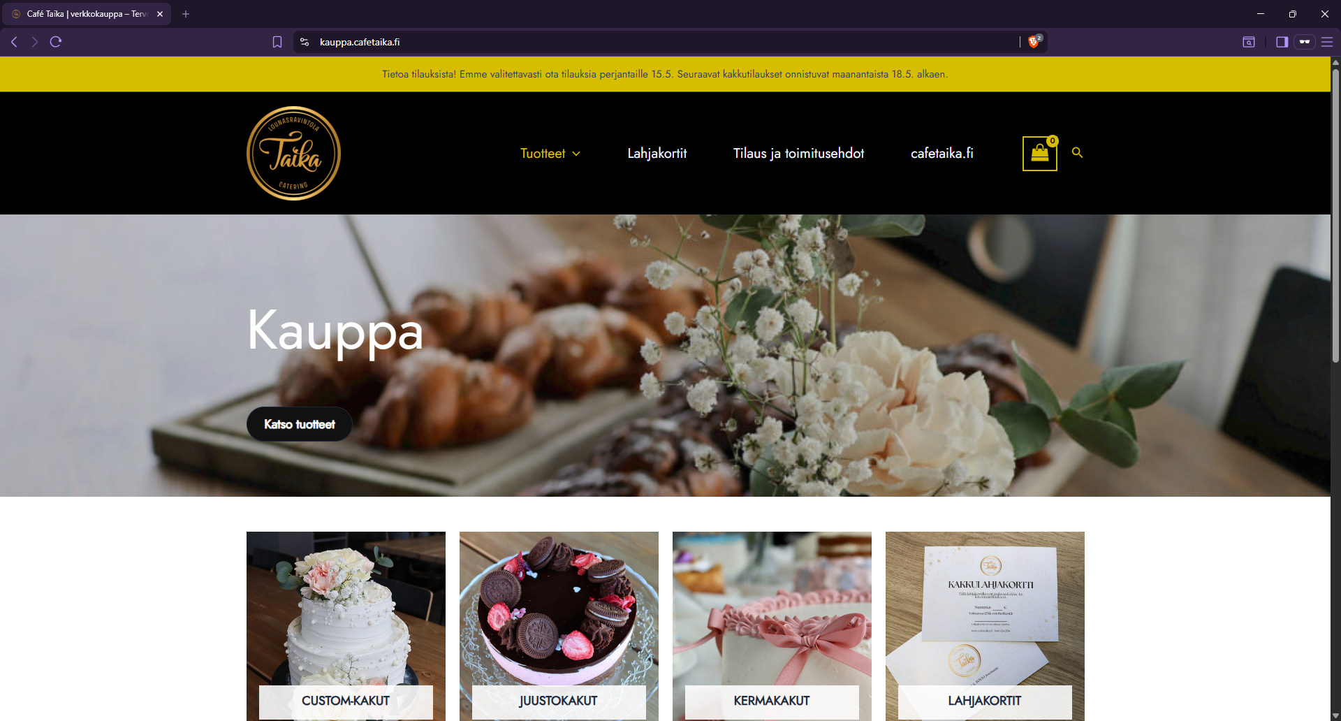 Café Taika webshop homepage with cake categories