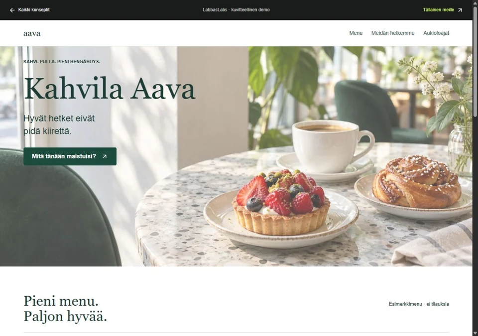 Kahvila Aava fictional cafe website