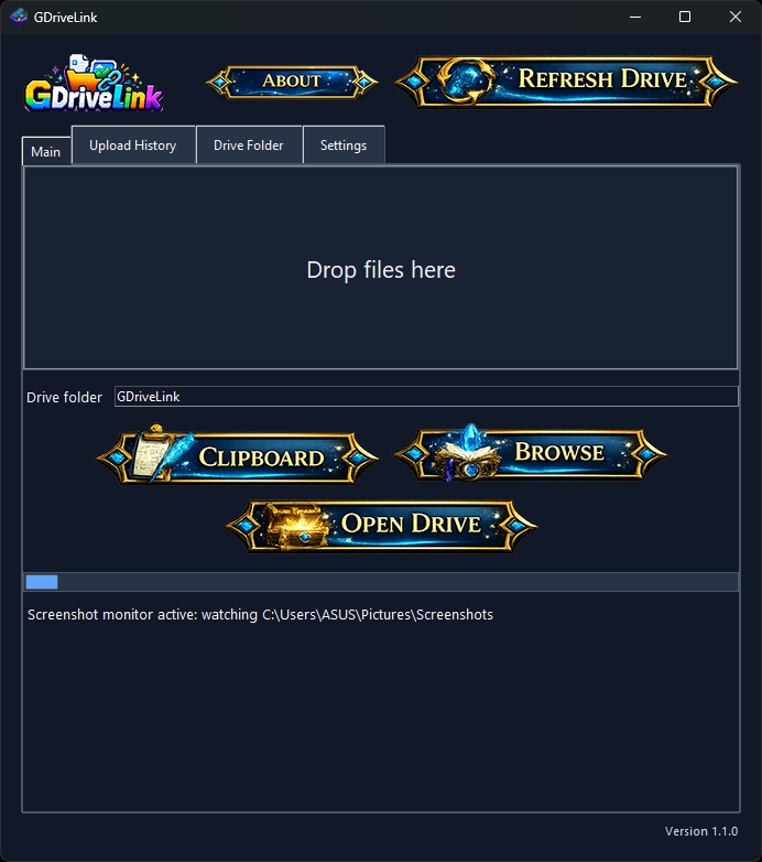 GDriveLink desktop app showing file drop area and Google Drive upload controls